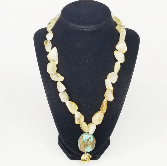 Polished Quartz Necklace w/ Turquoise Pendant - Picture 1 of 10